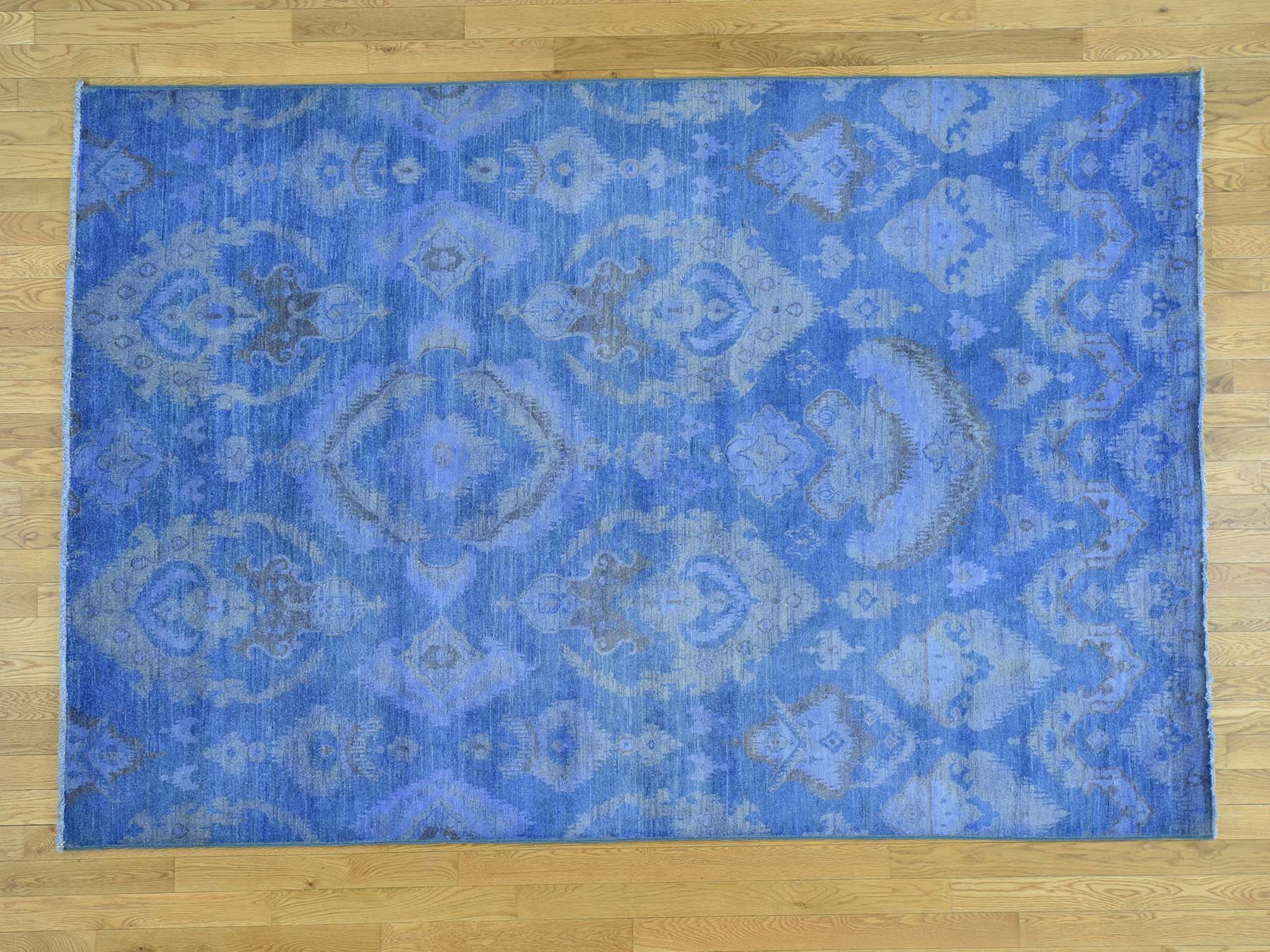 6'2"X9'1" Hand Knotted Blue Cast Ikat Overdyed Pure Wool Oriental Rug moace0e8